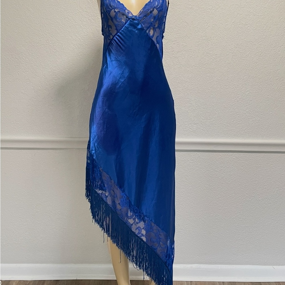 Vtg Mara Intimates Royal Blue Satin Slip Nightgown Size M Lace And Fringe Detail